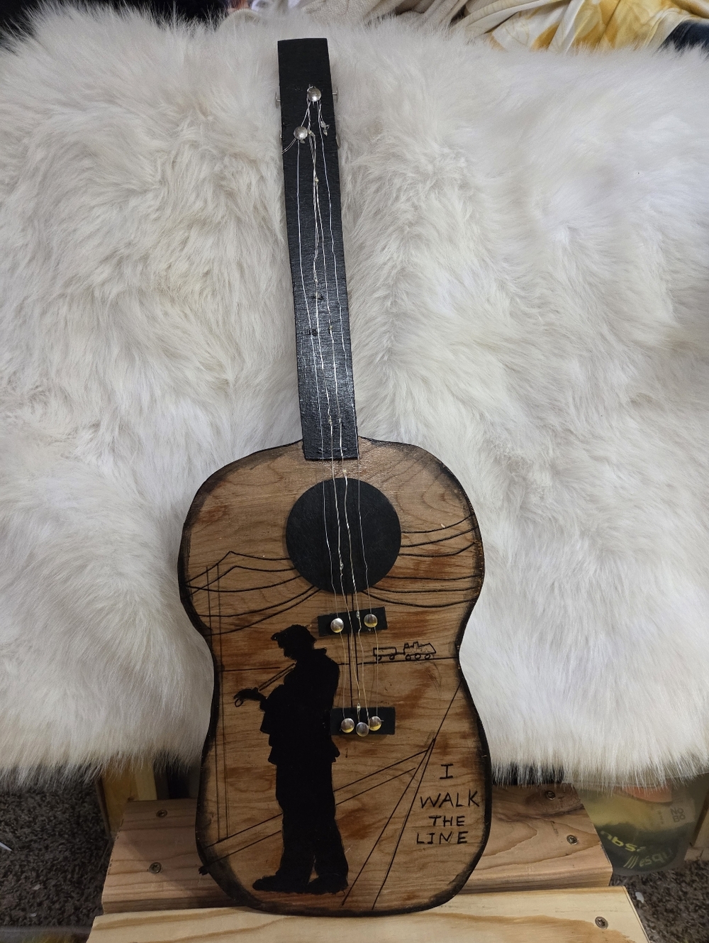 Hand Made Lighted Johnny Cash "I Walk The Line" Giitar Shaped Wall Art 8x24